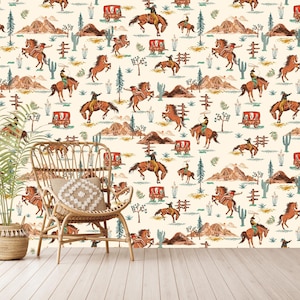 Carta da parati colorata Western Rodeo Peel And Stick, motivo Wild West Adventure Wall Mural in tessuto non tessuto, carta da parati Western Cowboy, autoadesiva