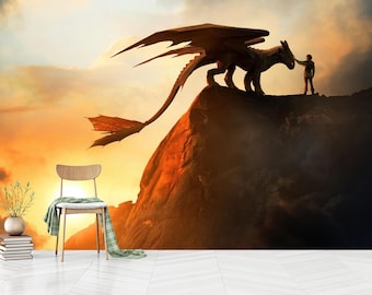Behang drakenkamer: Fury and Toothless Fantasy Wall Print, kinderkamer