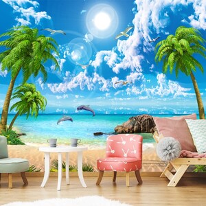 Carta da parati con vista sulla spiaggia, stacca e attacca, design della parete con vista sul mare e sui delfini, tessuto non tessuto, Miami Beach, autoadesivo, stacca e attacca, tessuto non tessuto