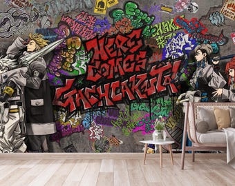 Graffiti-tekenfilmbehang: graffiti-personages woonkamer Peel and Stick