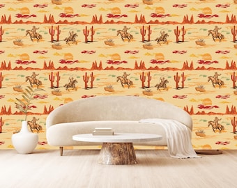 Vintage Cowboy Wallpaper: Western Horseback Riders Accent Wall - Peel and Stick