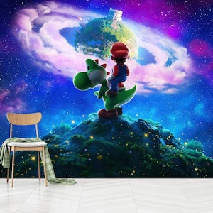 May include: A vibrant digital artwork featuring Mario riding Yoshi on a green, mountainous landscape. The background showcases a colourful galaxy with a planet and castle. A wooden chair and books are in the foreground.
