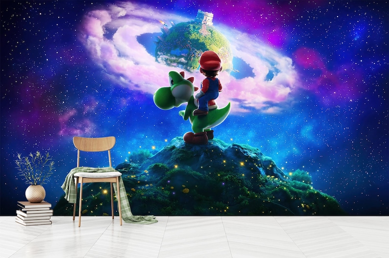 May include: A vibrant digital artwork featuring Mario riding Yoshi on a green, mountainous landscape. The background showcases a colourful galaxy with a planet and castle. A wooden chair and books are in the foreground.