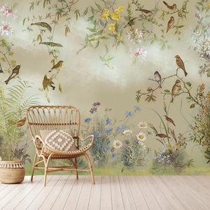 Papier peint autocollant Chinoiseries : oiseaux vintage, art mural botanique