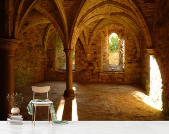 Ancient Monastery Wallpaper, Architectural Gothic Wall Art, Self Adhesive Peel and Stick, Old Castle