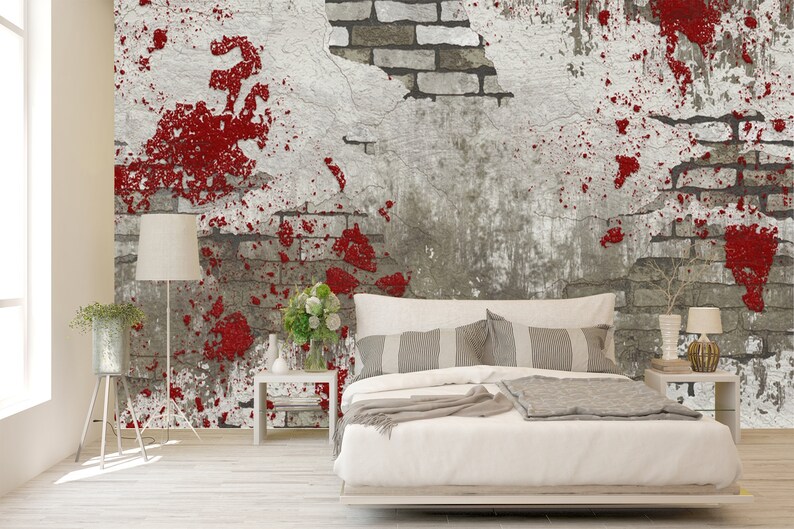 Abstract Gray Brick Background With Red Bloody Stains, Old Vintage