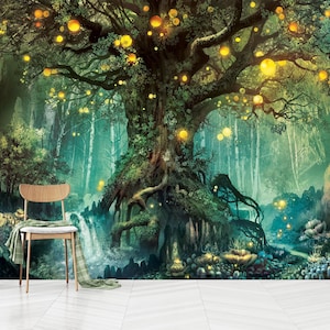 Mural de papel pintado fotomural con luz solar de bosque verde místico y luciérnagas, impresión artística, fácil de instalar, autoadhesivo, despegar y pegar, no tejido.
