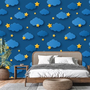 Papier peint pour chambre d'enfant Night Design, étoiles et nuages duveteux, papier peint pour bébé Good Night, auto-adhésif, non tissé