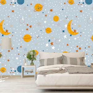 Stars and Moon Nursery Wallpaper: Colorful Kids Room Decor (Peel and Stick)