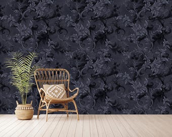 Dark Navy Blue Floral Wallpaper: Moody Vintage Baroque Style Wall Art