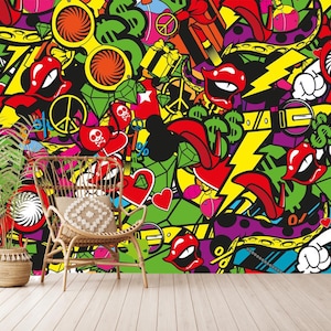 Carta da parati in stile graffiti per ragazzi e ragazze, murale graffiti per la camera da letto degli adolescenti, autoadesiva, stacca e attacca, tessuto non tessuto
