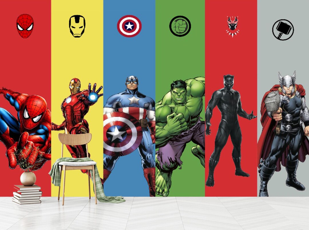 Avengers Wallpaper Mural: Super Hero Kids Room Decor, Peel and Stick or ...