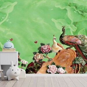 Groene pauw muurdecoratie: kleurrijke kunststickers (pellen en plakken)