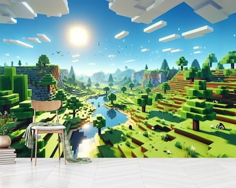 Pixel Landscape Wallpaper,Minecraft Daytime Kids Room Wall Mural, Peel and Stick Or Non-Woven