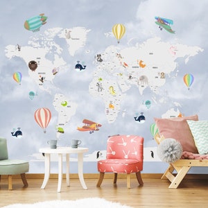Behang kinderkamer wereldkaart peel and stick, educatieve kinderkamer muurdecoratie, wereldkaart, zelfklevend, peel and stick, niet-geweven