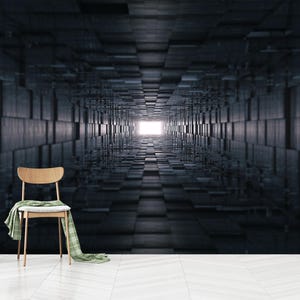 May include: A black and white abstract image of a tunnel made of square blocks. The tunnel leads to a bright white light at the end.