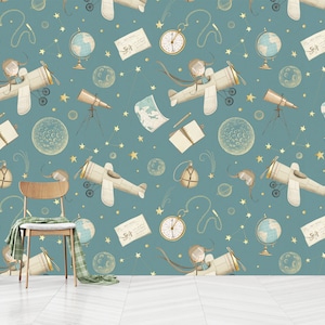 Air Plane Wallpaper Kids Room Peel And Stick,Cute Airplane Pilot Wall Design Non-Woven,Cartoon Looking,Self-Adhesive,Peel And Stick,NonWoven