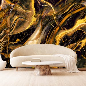 Carta da parati in marmo nero e oro, lussuoso design astratto, eleganti accenti dorati per spazi eleganti, autoadesiva, staccabile e attaccabile, in tessuto non tessuto.