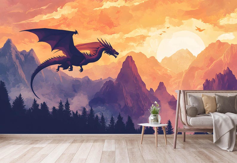 Dragon Wallpaper Peel and Stick Toddler Playroom, Forest Wallpaper Girl ...