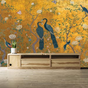 Carta da parati con pavone e fiori dorati, carta da parati con fiori e uccelli cinesi, autoadesiva, stacca e attacca, non tessuta