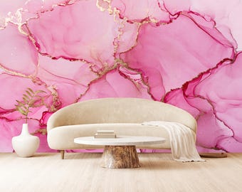 Pink Marble Wallpaper Mural: Abstract Watercolor, Peel and Stick