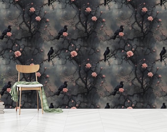 Papel pintado gótico con cuervos, mural floral oscuro autoadhesivo o no tejido