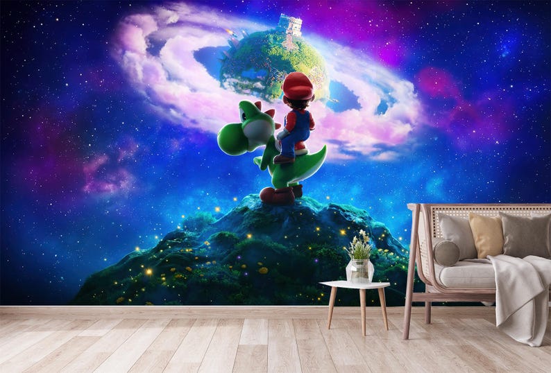 May include: A colourful wall mural depicting Mario riding Yoshi on a green hill, set against a starry, purple and blue galaxy backdrop. A small planet with a castle floats in the background. A couch and table are in the foreground.