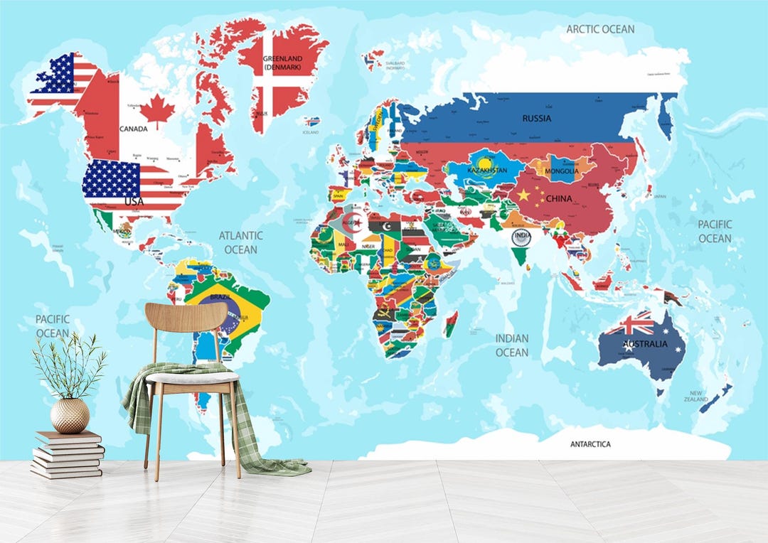 National Flag World Map Wallpaper: Peel and Stick, Non-woven - Etsy, image size:1080x764