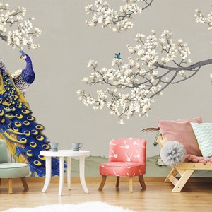 Carta da parati con pavone blu, decorazione murale con pavone blu e uccelli, murale con fiori di magnolia, autoadesiva, stacca e attacca, non tessuta