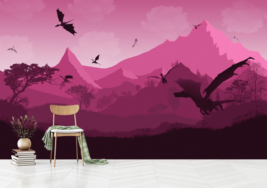 Pink Dragon Kids Room Wallpaper Mural: Minimal Mountains, Peel & Stick ...