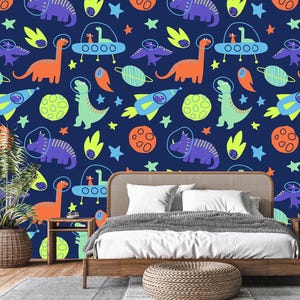 Space Dinosaurs Wall Mural,Kids Bedroom and Nursery Wall Decor,Self-Adhesive,Peel and Stick,Non-Woven