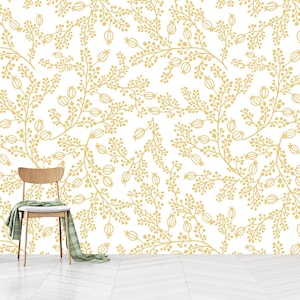 Golden Floral Leaf Wallpaper Mural: Peel and Stick, Non-Woven