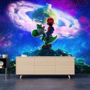 May include: A colourful mural depicting Mario on Yoshi set against a cosmic backdrop. The artwork includes a planet with a castle, set against a starry sky with purple and blue hues. A light wood cabinet is in the foreground.