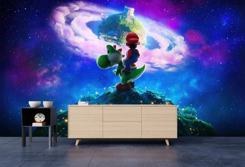 May include: A colourful mural depicting Mario on Yoshi set against a cosmic backdrop. The artwork includes a planet with a castle, set against a starry sky with purple and blue hues. A light wood cabinet is in the foreground.