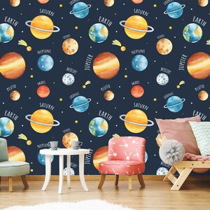Planets Universe Themed Kids Room Wallpaper, Space Themed Peel And Stick, Kids Room Planets Wallpaper,Self Adhesive,Peel And Stick,Non Woven