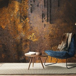 Papier peint de style industriel avec fond en métal rouillé, décoration murale en pierre brune foncée, texture rugueuse, auto-adhésive, non tissé