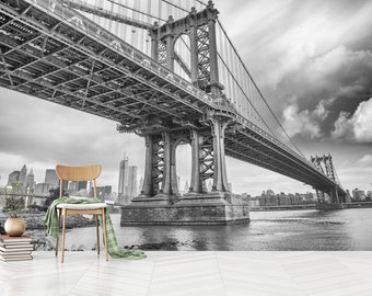 Brooklyn Bridge Wallpaper: Black and White Peel and Stick Non-Woven Wall Art