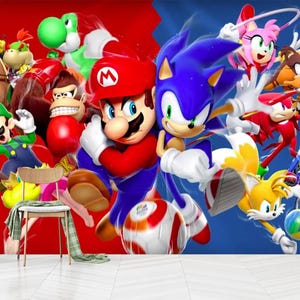 マリオとソニックの壁画、マリオとソニックの壁の装飾、ゲーマールームの装飾、子供用壁アート、自己粘着、剥がして貼る、不織布