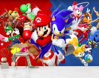 Mario en Sonic-muurschildering: zelfklevende gamerkamerdecoratie