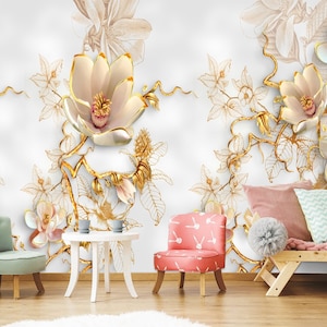 Gold Magnolia Floral Wallpaper: Luxury Peel and Stick Non-Woven