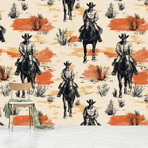 Vintage Cowboy Horseback Riding Wallpaper: Rustic Western Peel and Stick Mural