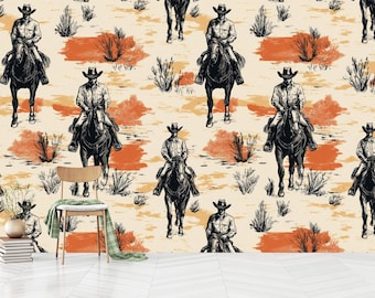Vintage Cowboy Horseback Riding Wallpaper: Rustic Western Peel and Stick Mural