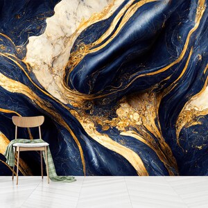 Abstract Dark Blue Marble Wallpaper Mural: Gold Lines, Peel and Stick