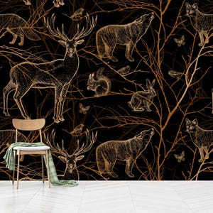 Carta da parati con animali del bosco, carta da parati con foresta scura, decorazione murale con cervi, volpe, lepre, scoiattolo, lupo, autoadesiva, tessuto non tessuto