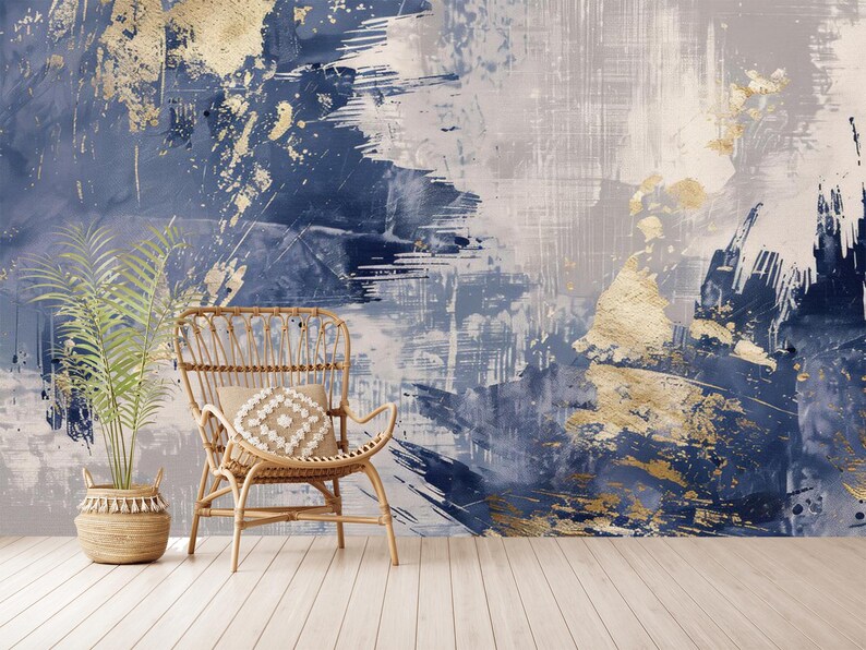 Golden Blue Textured Wallpaper Peel and Stick,gray Concrete Mural Non