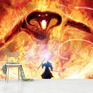 Carta da parati murale "Il Signore degli Anelli", decorazione murale "Balrog e Gandalf", famoso film, autoadesiva, staccabile e attaccabile, in tessuto non tessuto.