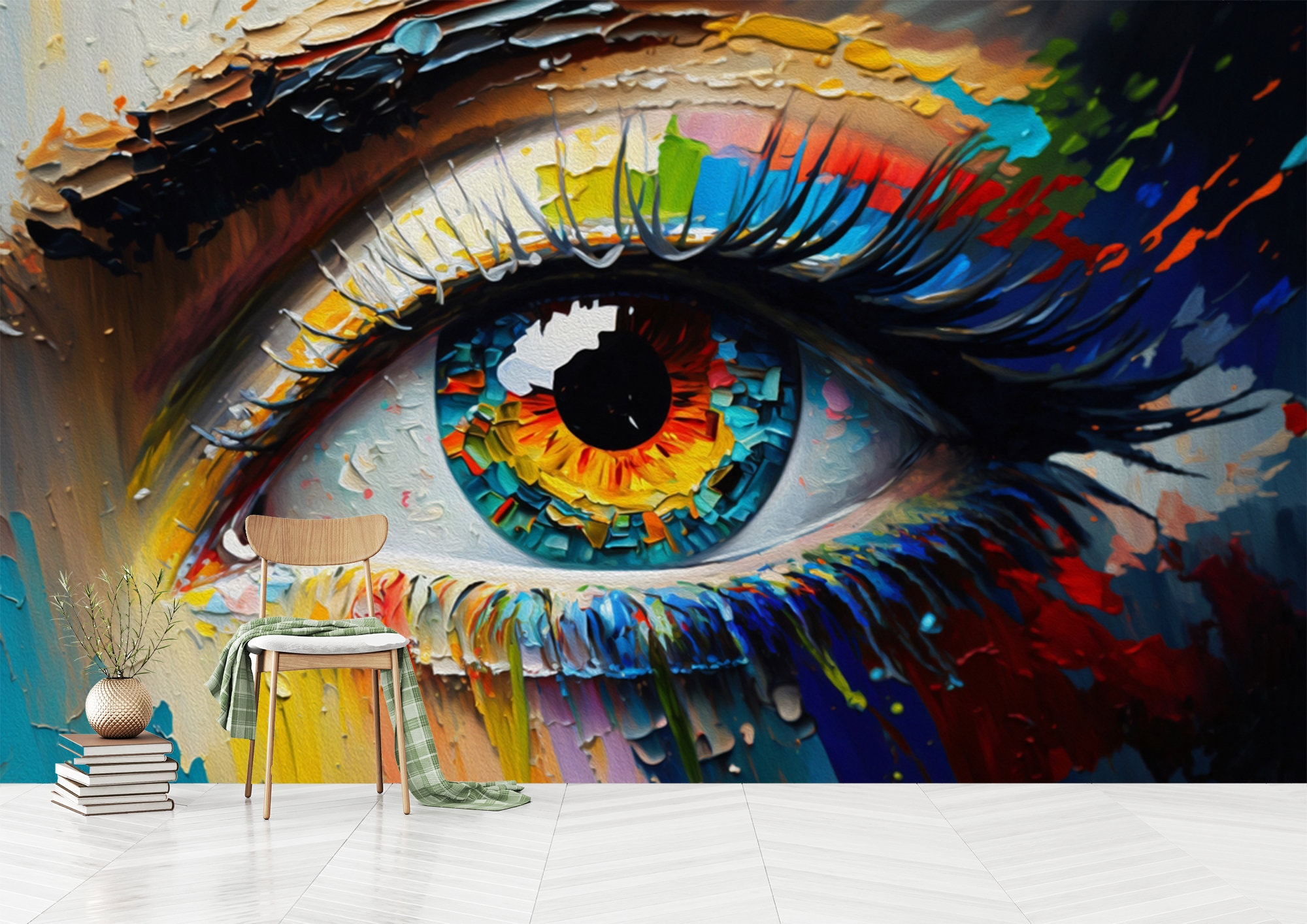 抽象油彩画 目のデザイン沖縄 抽象的な目の絵画の壁紙：カラフルな油絵デザイン、剥がして貼るだけ