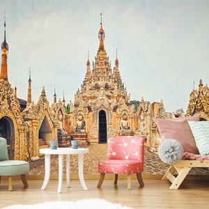 Myanmar Temple Peel and Stick Wallpaper: Buddhist Wall Art