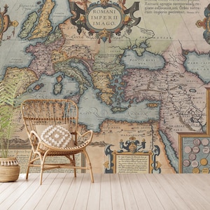 Antica carta da parati con mappa dell'Impero Romano, stacca e attacca, mappa storica che rappresenta l'Impero Romano, autoadesiva, stacca e attacca, tessuto non tessuto