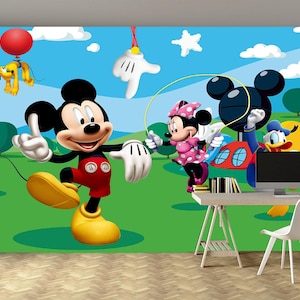 Papel tapiz para habitación infantil con temática de dibujos animados de Mickey Mouse y sus amigos, autoadhesivo, no tejido.